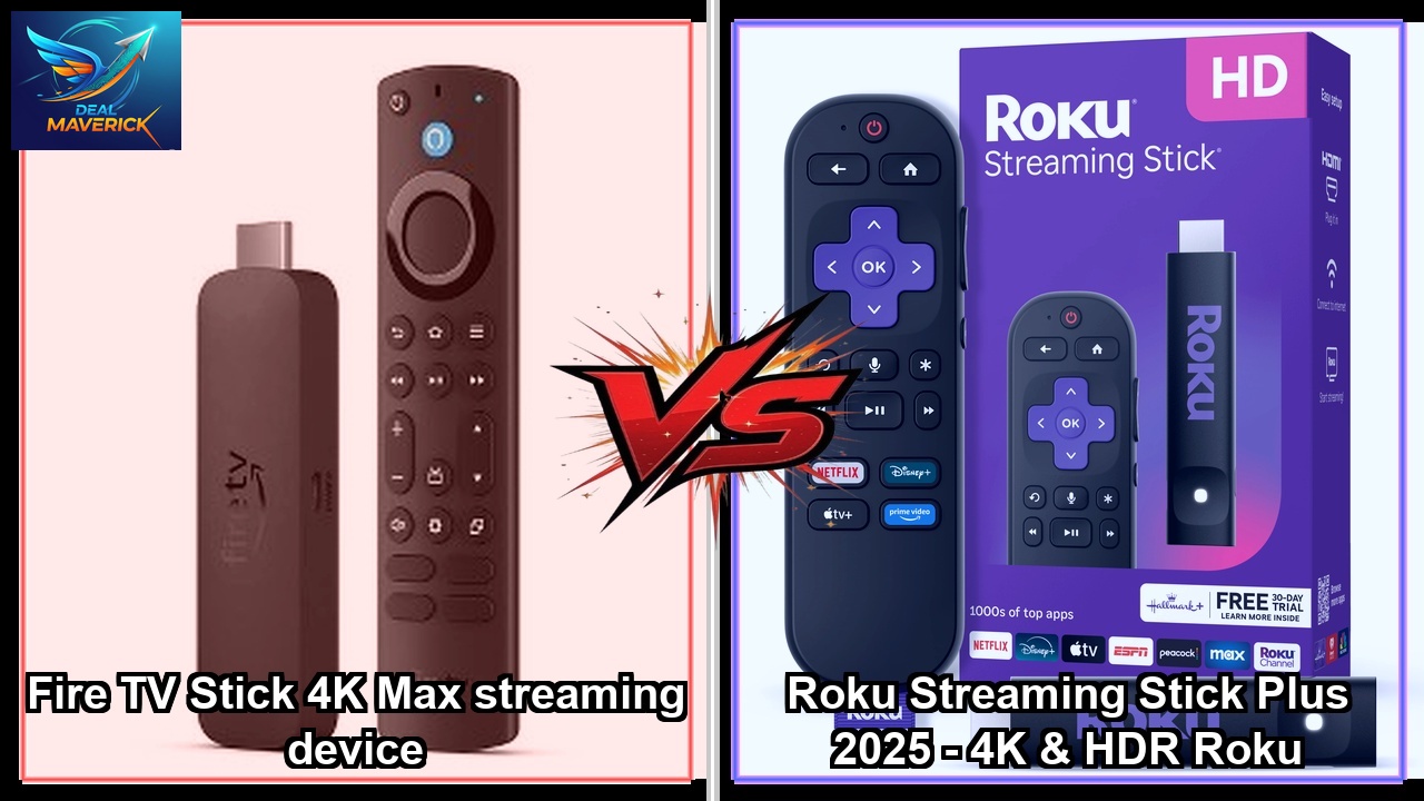 review of Fire TV Stick 4K Max streaming device vs Roku Streaming Stick Plus 2025 - 4K & HDR Roku Streaming Device for TV with Voice Remote - Free & Live TV
